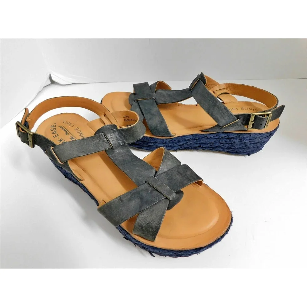 Kork-Ease Blue Leather Straw Espadrille Platform Wedge Heel 39‎